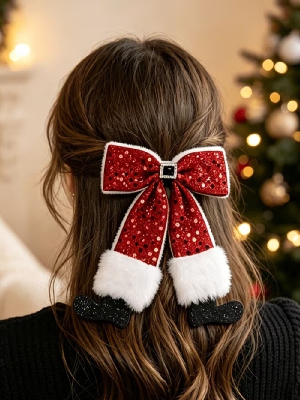 Red Santa Bow Hair Clip  - Holiday Hair Accessory